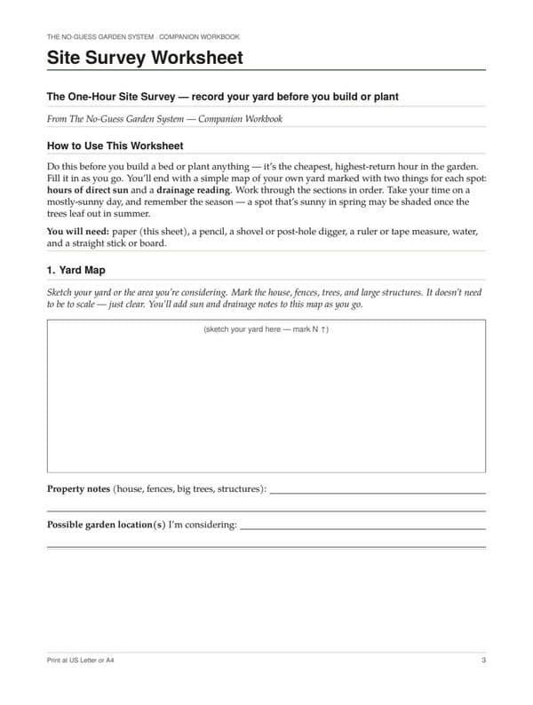 A page from the Companion Workbook: the Site Survey Worksheet, with fields to record sun, drainage and zone.